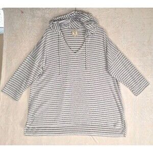 Colortree Womens Plus 2X Top Gray White Striped 3/4 Sleeves Hooded Soft Sweater